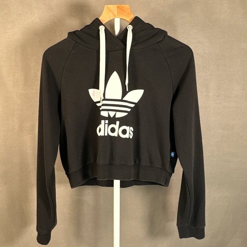 Adidas Girls Black Trefoil Cropped Hoodie Sweatshirt Size M
